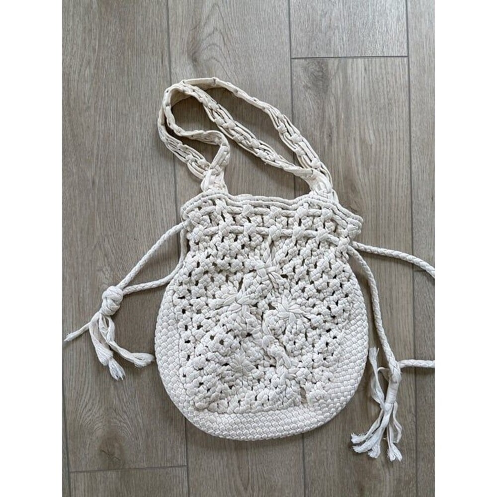 Anthropologie Cream Crochet Open Lattice Drawstring BoHo Shoulder Bag